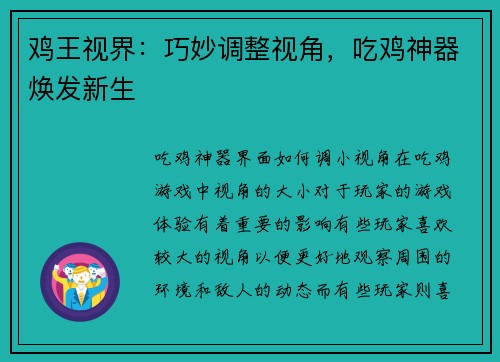 鸡王视界：巧妙调整视角，吃鸡神器焕发新生